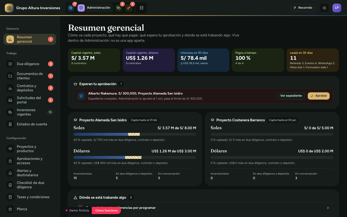 Fondo de inversión: Lo que ve Gerencia, por proyecto, demo con datos ficticios